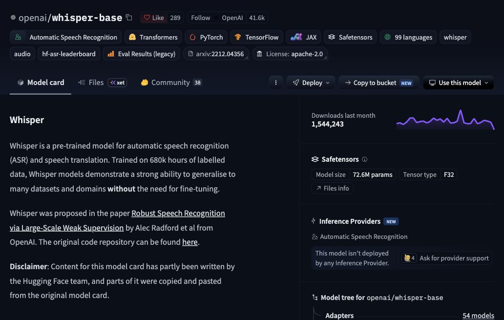Whisper Base official checkpoint reference