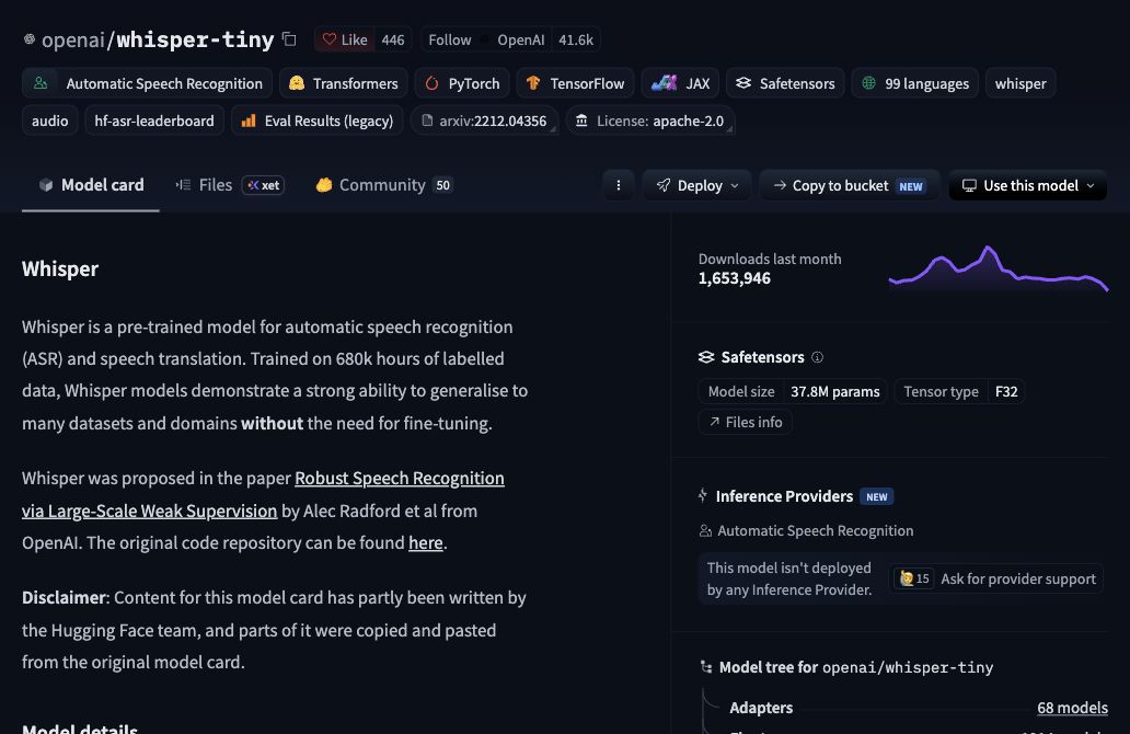 Whisper Tiny official checkpoint reference