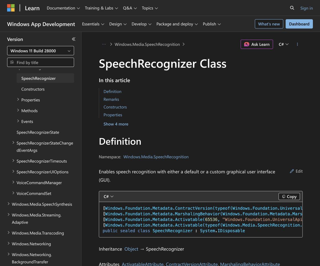 Windows Speech official API documentation