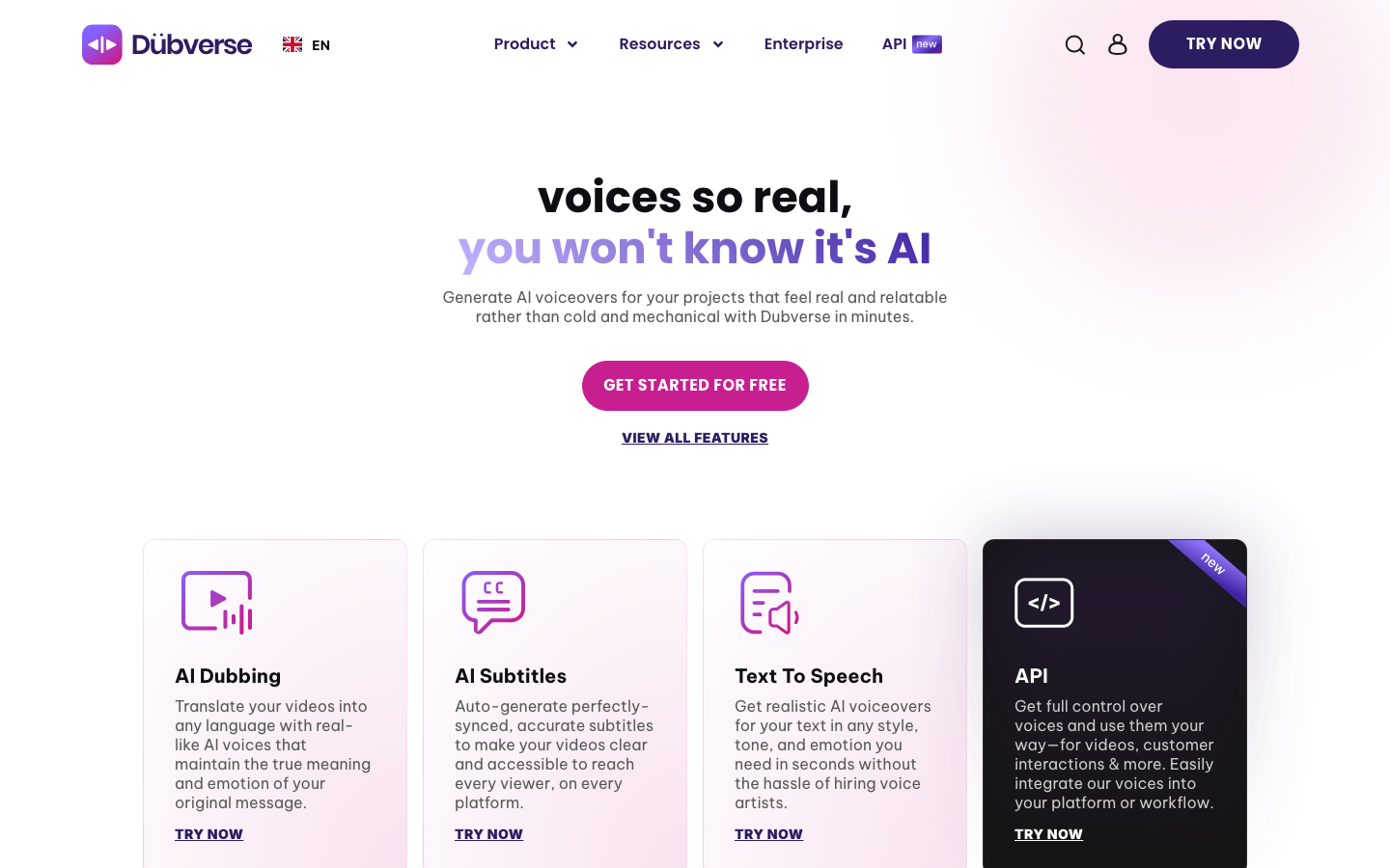 Dubverse’s official site separates dubbing, subtitles and text-to-speech.