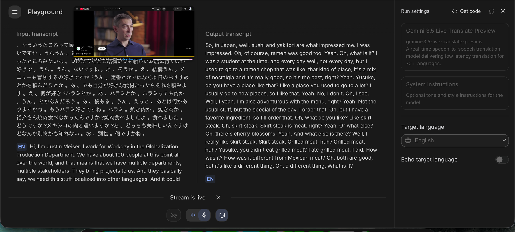 Gemini Live Translate Preview showing Japanese input and English output transcripts
