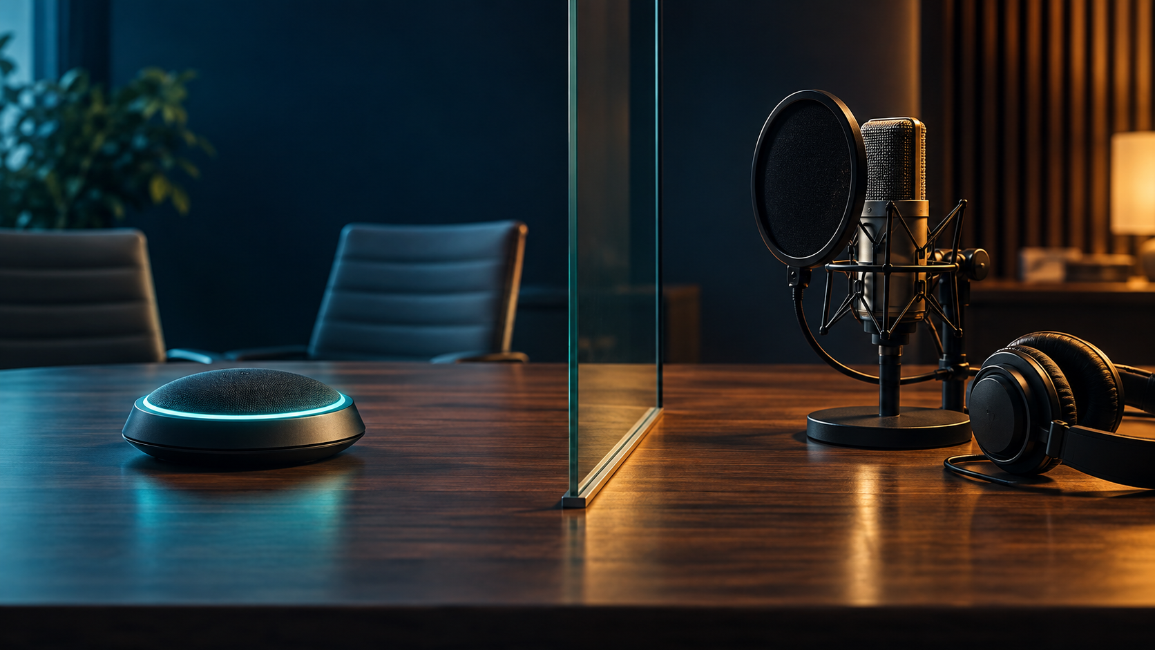 A conference speakerphone and a studio recording microphone represent live translation and recorded dubbing.