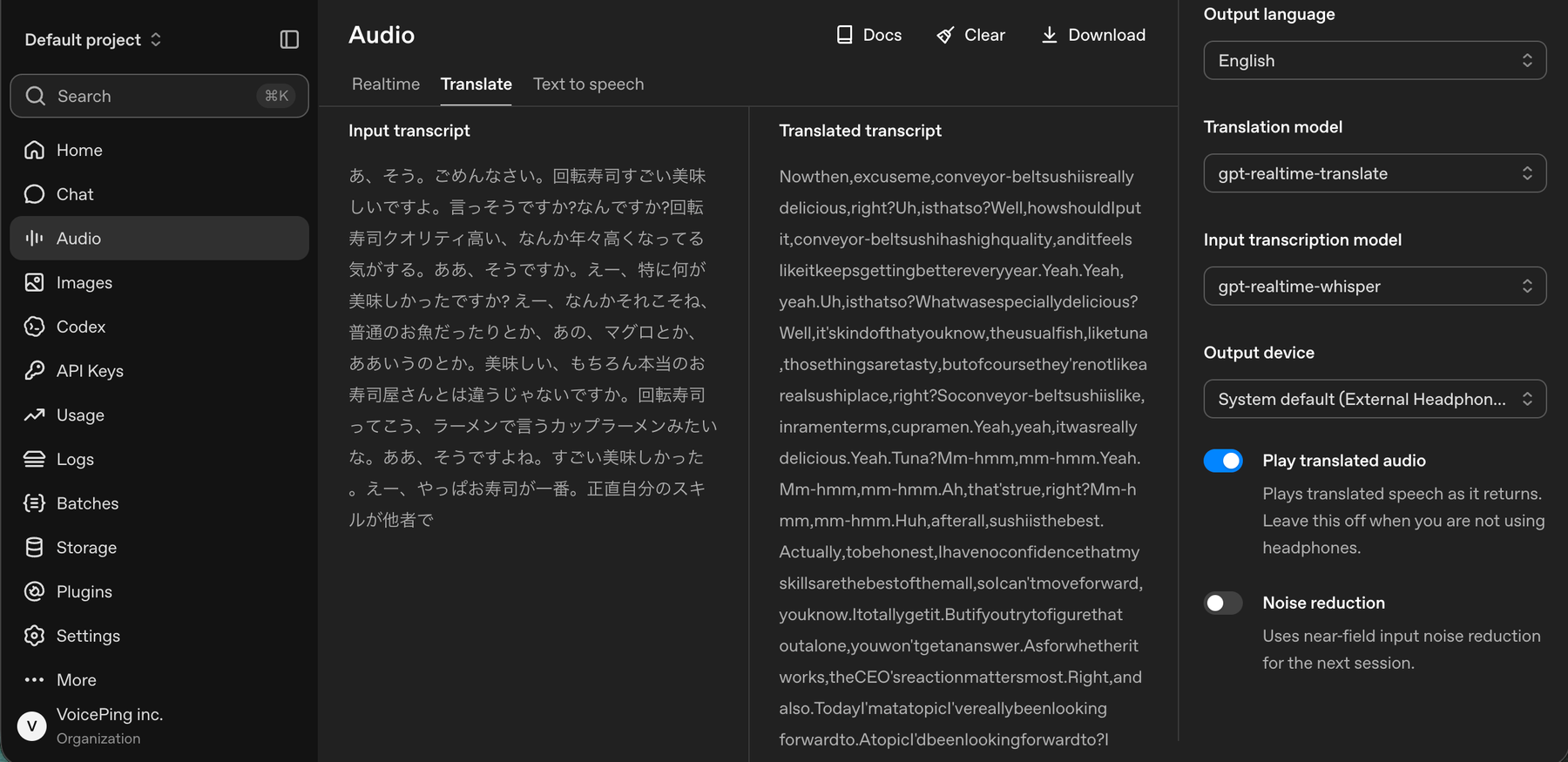 OpenAI Realtime Translate showing Japanese input and an English translated transcript