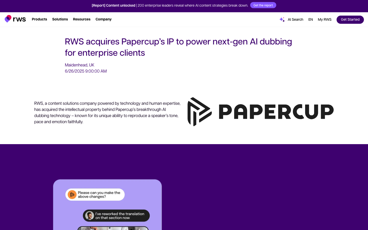 RWS’s official announcement of its acquisition of Papercup’s technology.