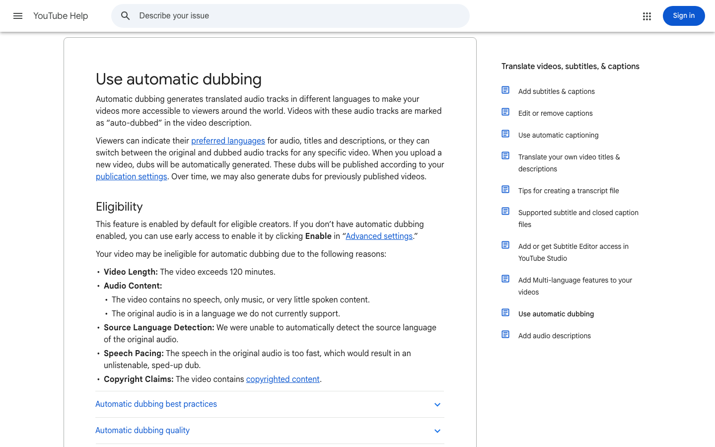 YouTube’s official automatic dubbing eligibility and review guide.