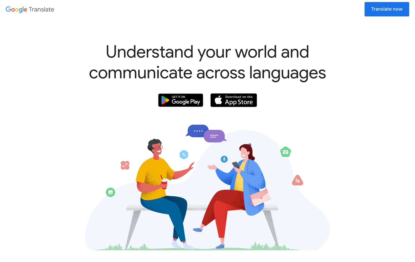 Google Translate’s official app page with a conversation illustration.