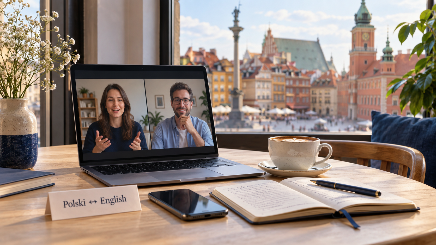 A laptop call, phone and Polish–English notebook at a café overlooking Warsaw’s Old Town.