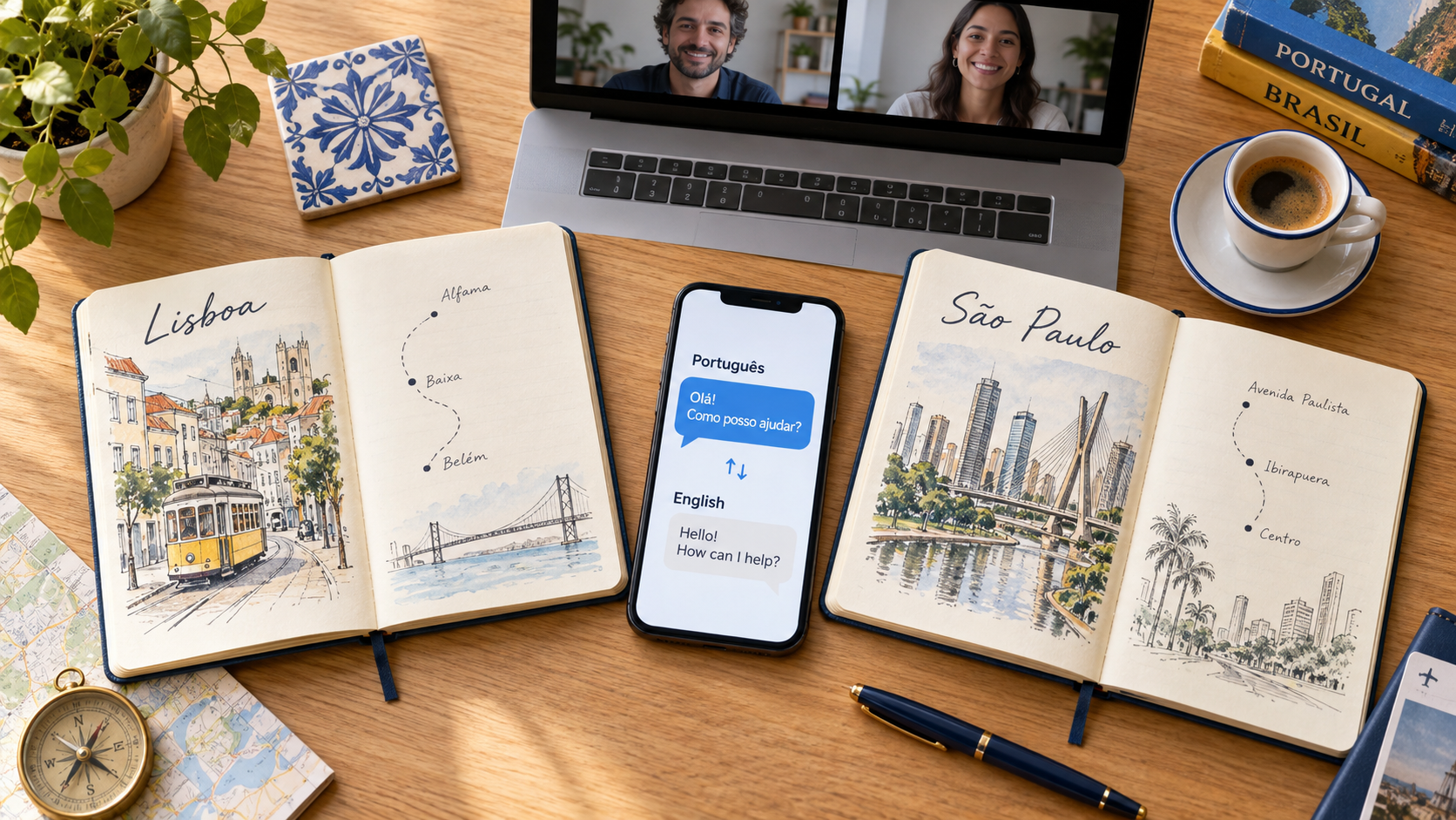 Lisbon and São Paulo travel notebooks, a Portuguese–English translation phone and a laptop call on a desk.