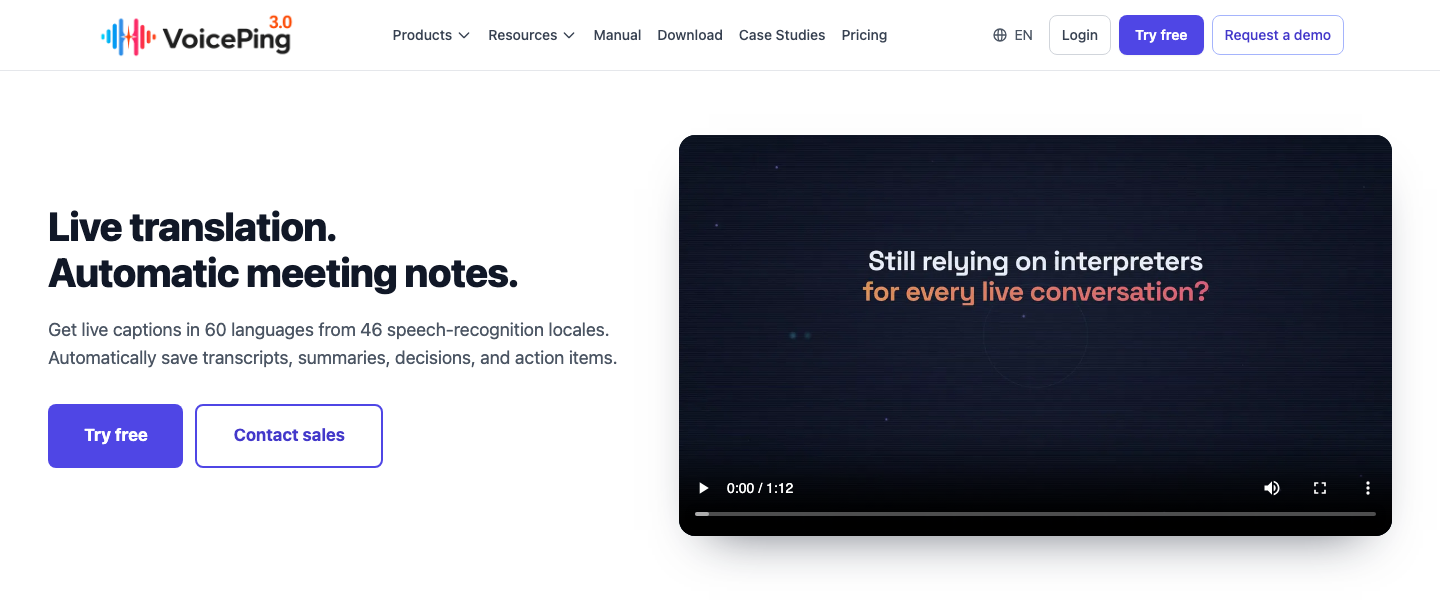VoicePing’s live translation and automatic meeting-notes product page.