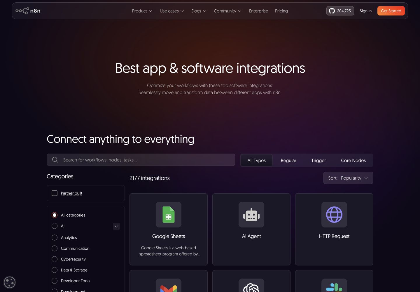 n8n’s integration catalog for connecting apps and services.