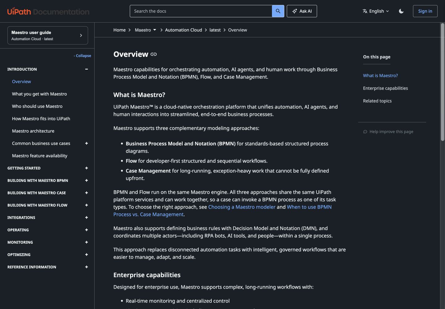 UiPath Maestro documentation explaining process orchestration.