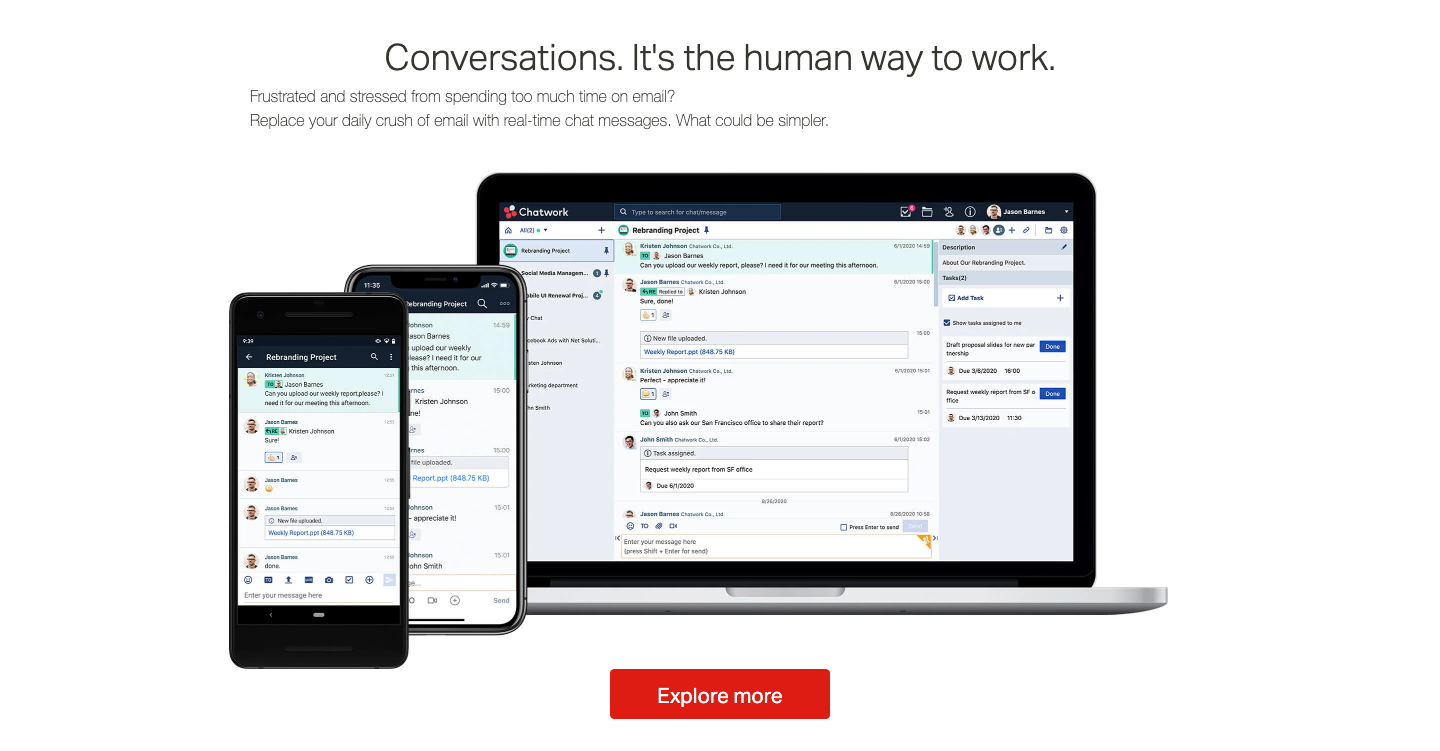Chatwork's official product illustration showing group conversations, file sharing and tasks on desktop and phones.