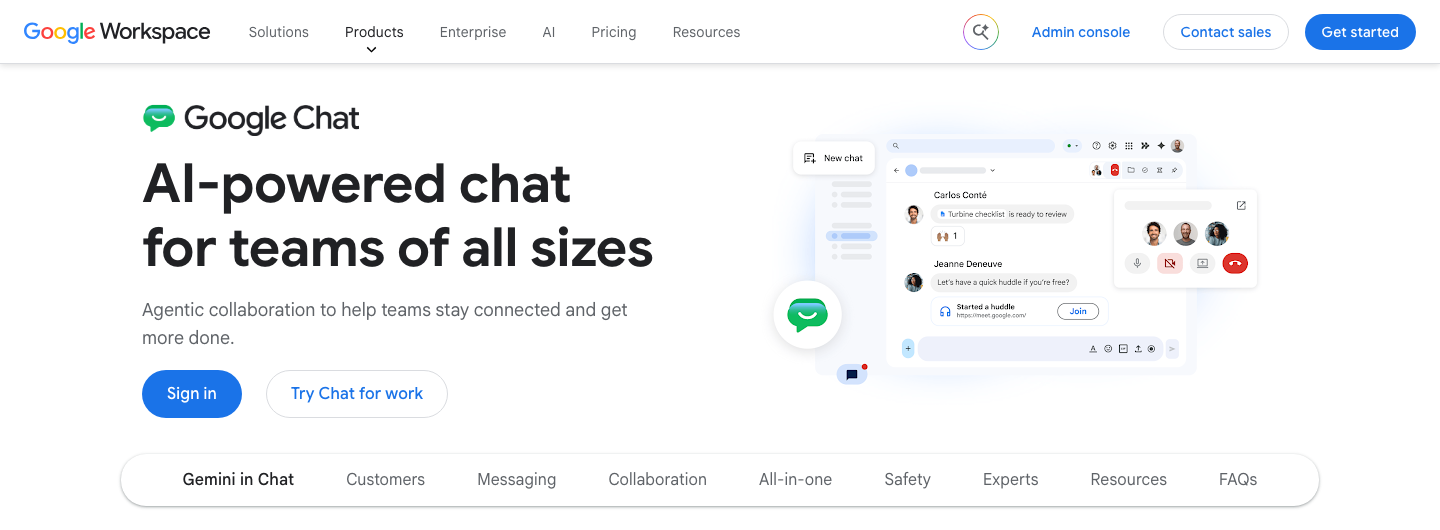 Google Chat's English product page showing a team space and a huddle.