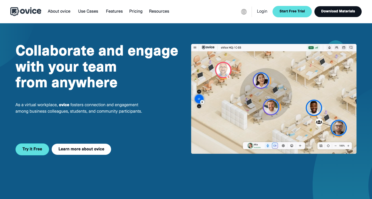 ovice's English product page showing avatars and a conversation area in a virtual workplace.