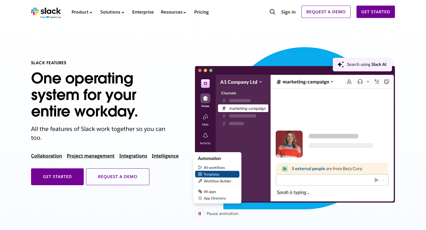 Slack's English features page showing channels, connected apps and an external conversation.