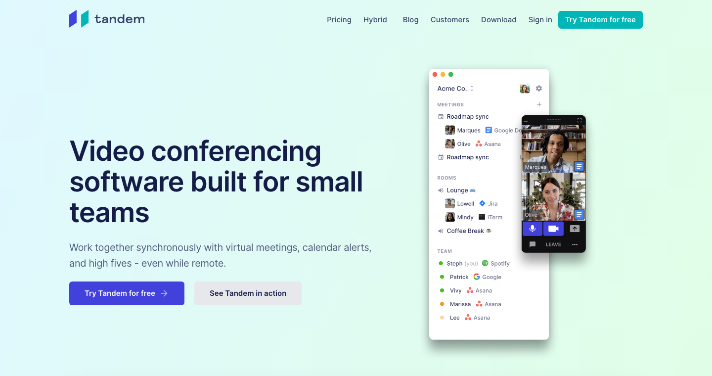 Tandem's product page showing available teammates, rooms and a small video conversation.
