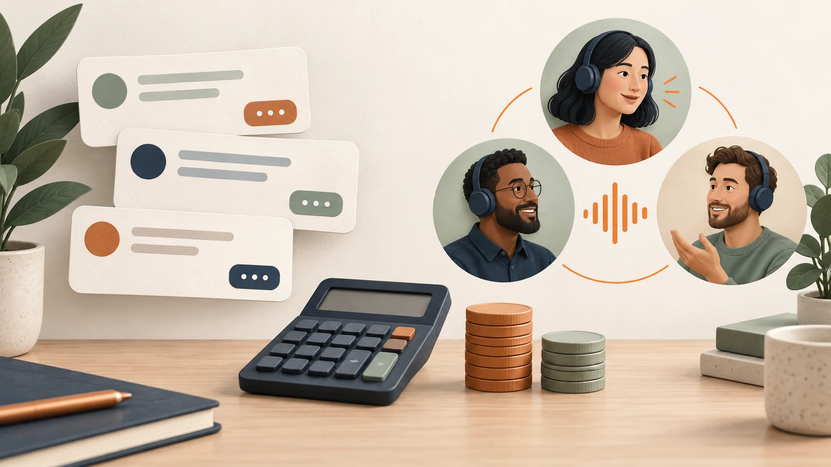 Chat cards, a calculator and colleagues in voice windows illustrate a team communication budget.