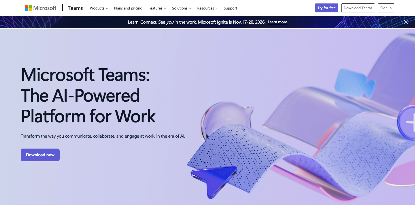 Microsoft's English Teams product page and download entry point.
