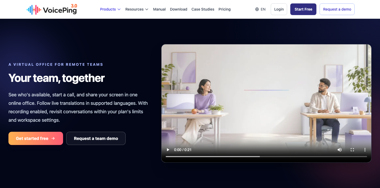 VoicePing's English virtual office product page describing team availability, calls and translation.