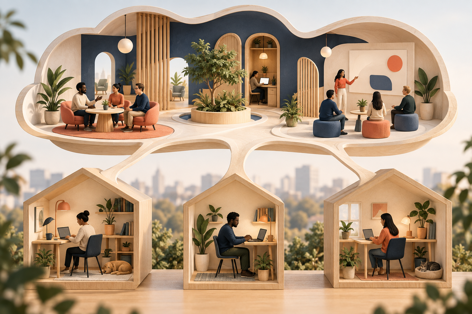 Three remote home desks connected to a shared space for focused work, conversation and collaboration.