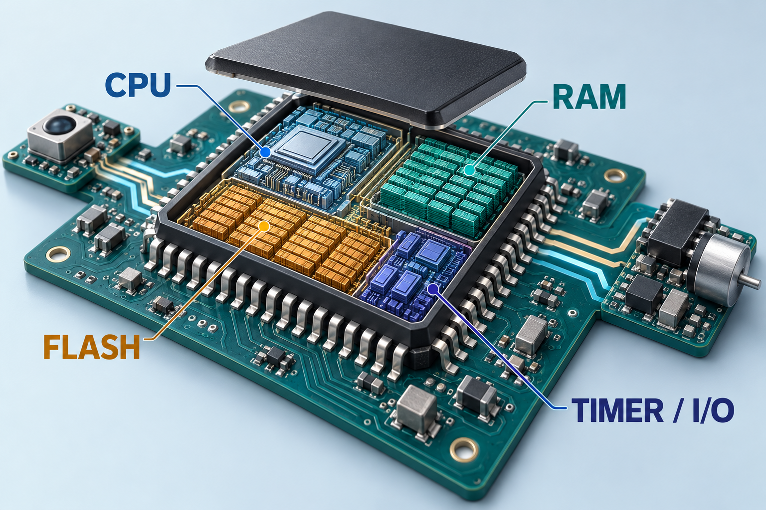 Conceptual microcontroller cutaway: CPU executes instructions, RAM holds working state, flash stores firmware, and timer/I/O produces peripheral signals.