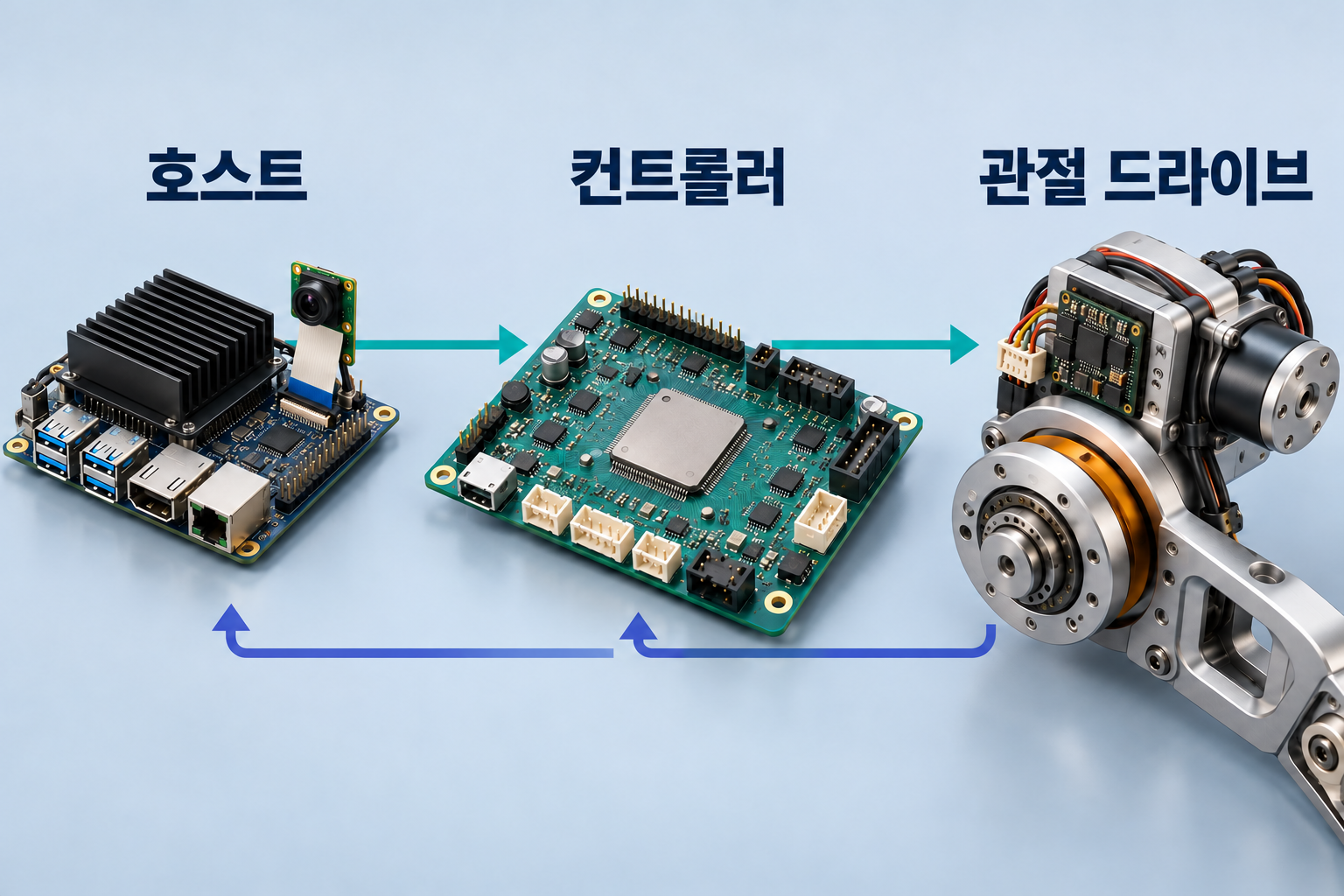 호스트 컴퓨터가 마이크로컨트롤러를 거쳐 관절 드라이브로 목표값을 보냅니다. 청록색 화살표는 송신 명령을, 남색 화살표는 돌아오는 측정 피드백을 나타냅니다.