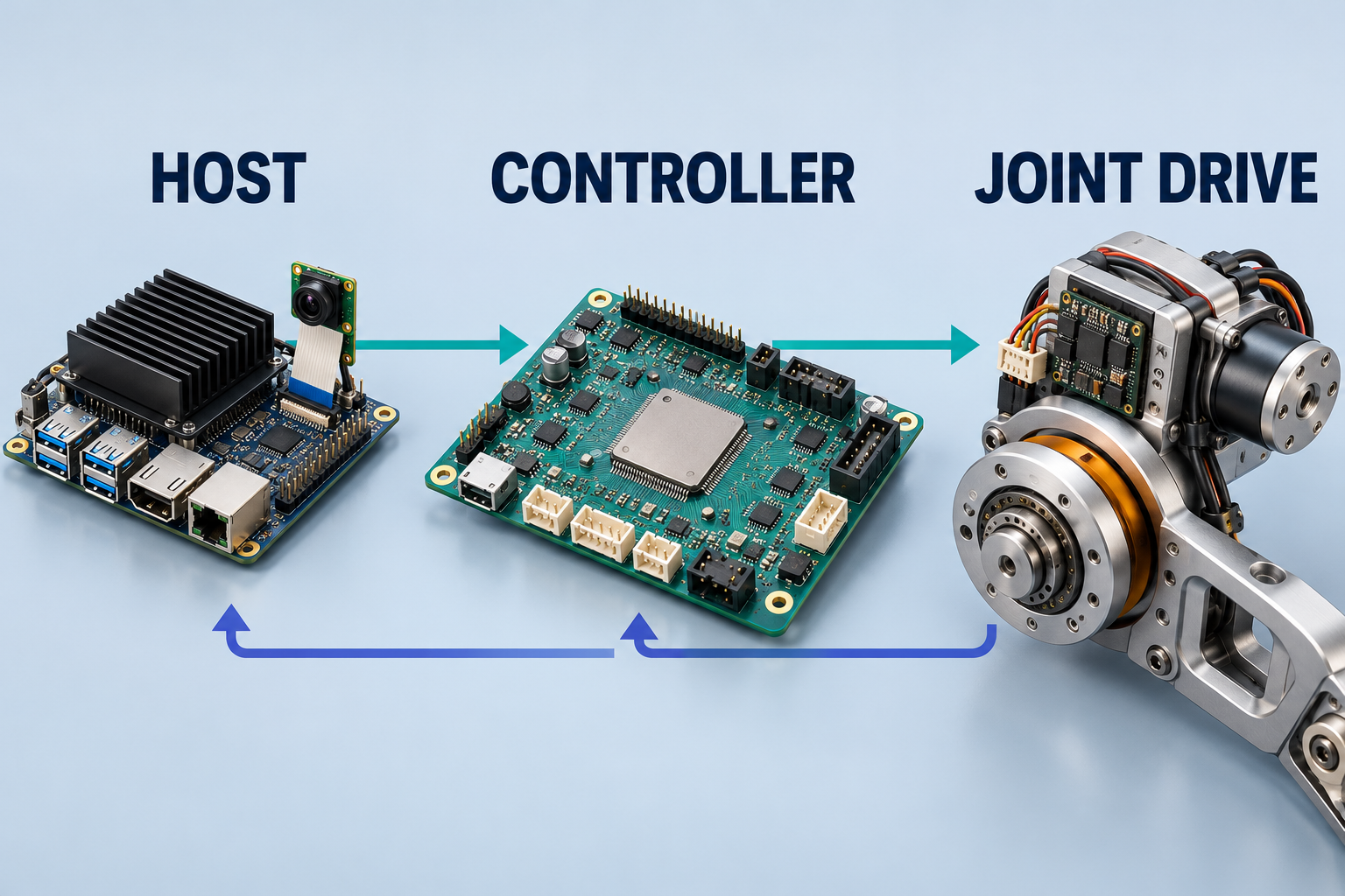 A host computer sends targets to a microcontroller and then a joint drive. Teal arrows show outgoing commands; indigo arrows return measured feedback.