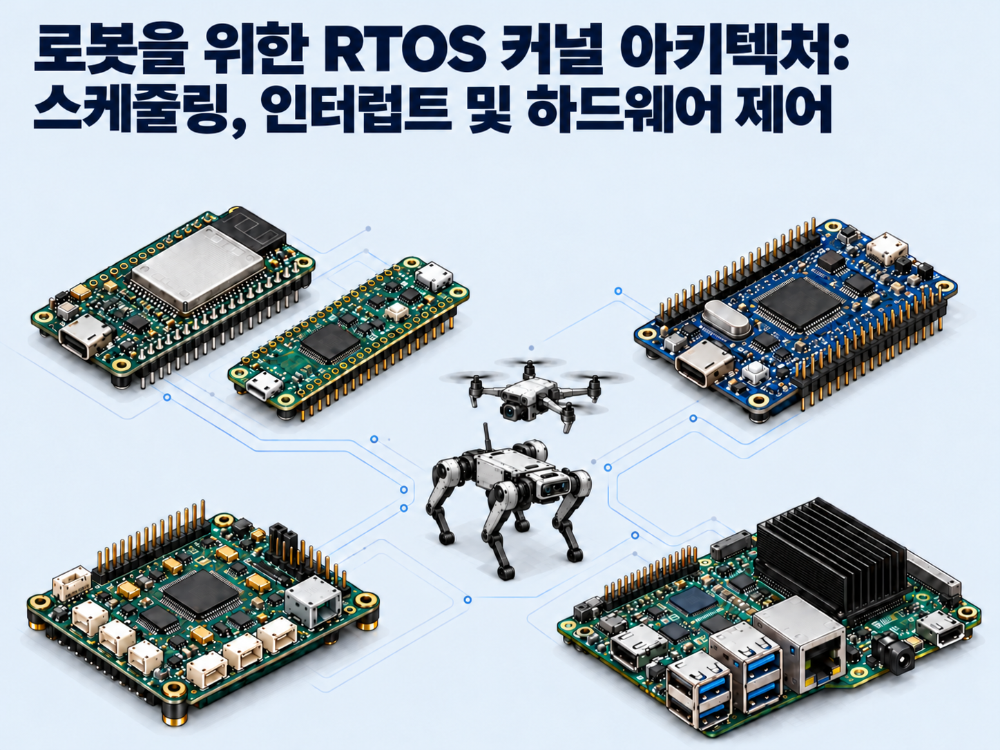 로봇용 RTOS 커널 구조: 스케줄링, 인터럽트, 하드웨어 제어. 청록색·파란색·녹색 마이크로컨트롤러, 비행 컨트롤러, 애플리케이션 프로세서 보드가 작은 사족보행 로봇과 드론을 둘러싸고 있습니다.