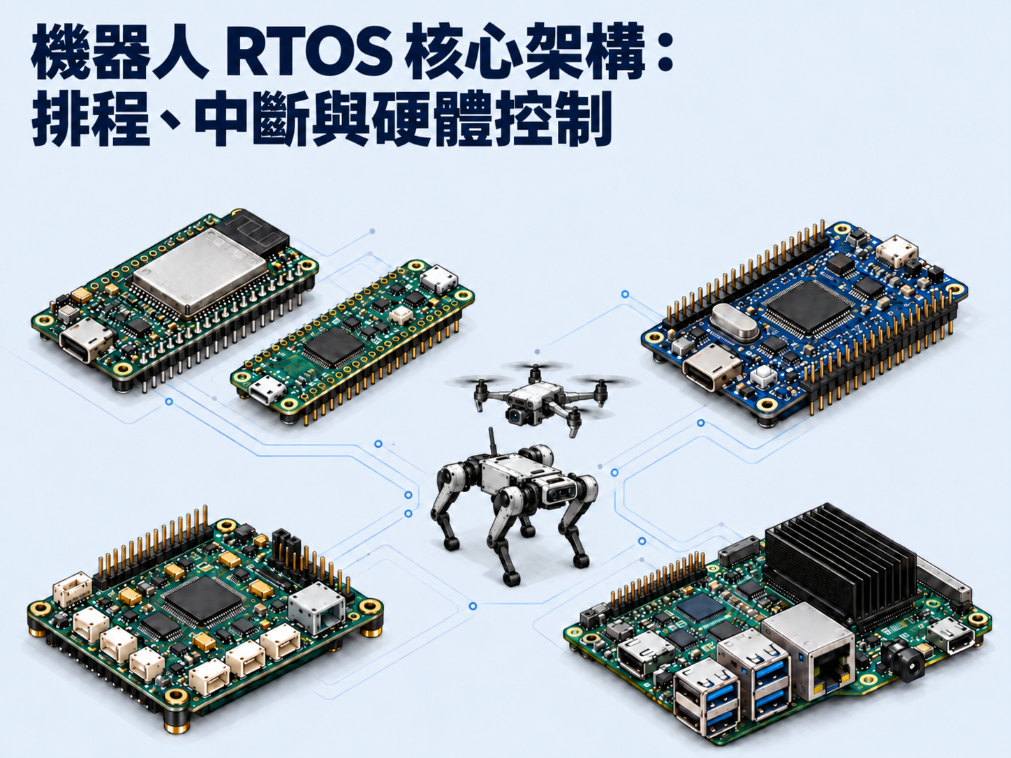 機器人 RTOS 核心架構:排程、中斷與硬體控制。藍綠、藍色與綠色的微控制器、飛行控制器及應用處理器板卡,圍繞著小型四足機器人與無人機。