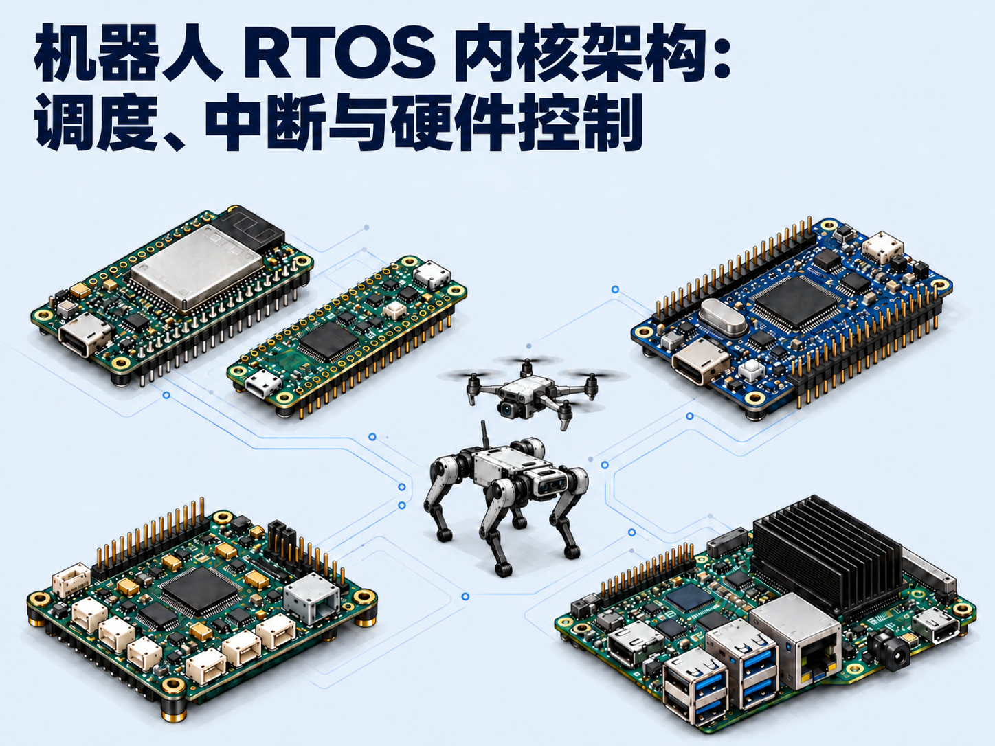 机器人 RTOS 内核架构：调度、中断与硬件控制。青绿、蓝色和绿色的微控制器、飞控及应用处理器板卡，围绕着小型四足机器人和无人机。