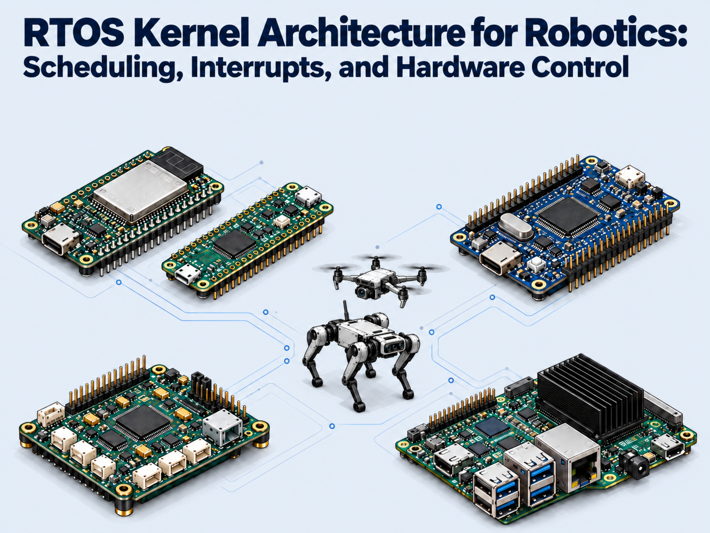 RTOS Kernel Architecture for Robotics: Scheduling, Interrupts, and Hardware Control. Teal, blue and green microcontroller, flight-controller and application-processor boards surround a small quadruped and drone.