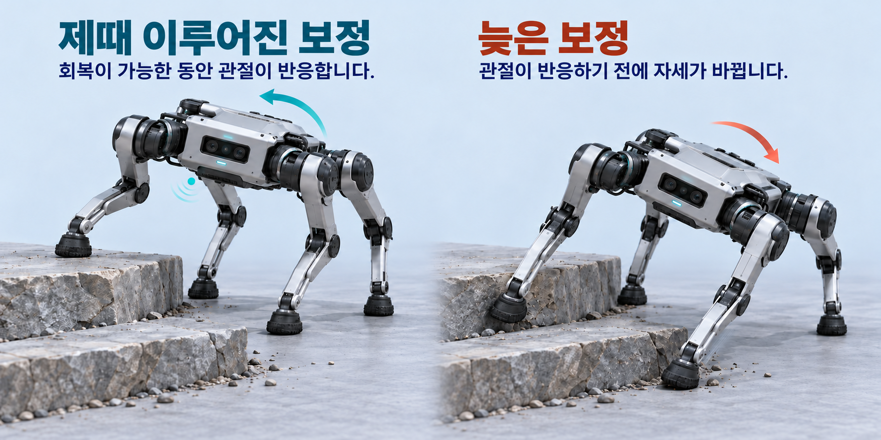 제때 이루어진 보정에서는 로봇이 회복할 수 있는 동안 관절이 반응합니다. 늦은 보정에서는 관절이 반응하기 전에 자세가 바뀝니다. 같은 사족보행 로봇이 단차에서 균형을 유지하는 모습과 기울어지는 모습을 보여 줍니다.