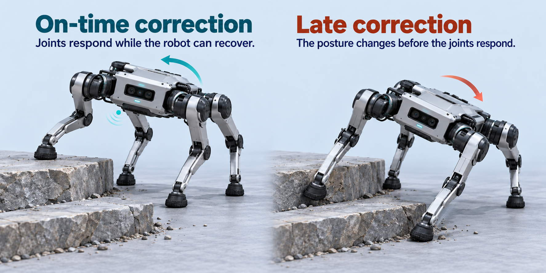 On-time correction: joints respond while the robot can recover. Late correction: the posture changes before the joints respond. The same quadruped is shown balanced and tilting at an uneven step.
