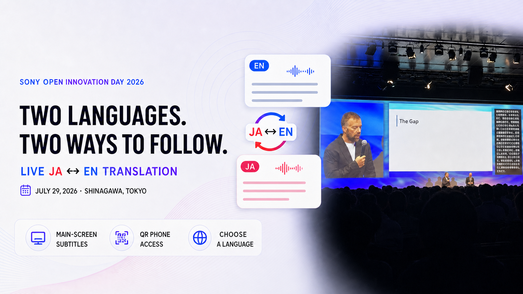 Editorial composite using a real Sony Open Innovation Day stage photo, with Japanese-English subtitle cards and icons for main-screen and QR phone access