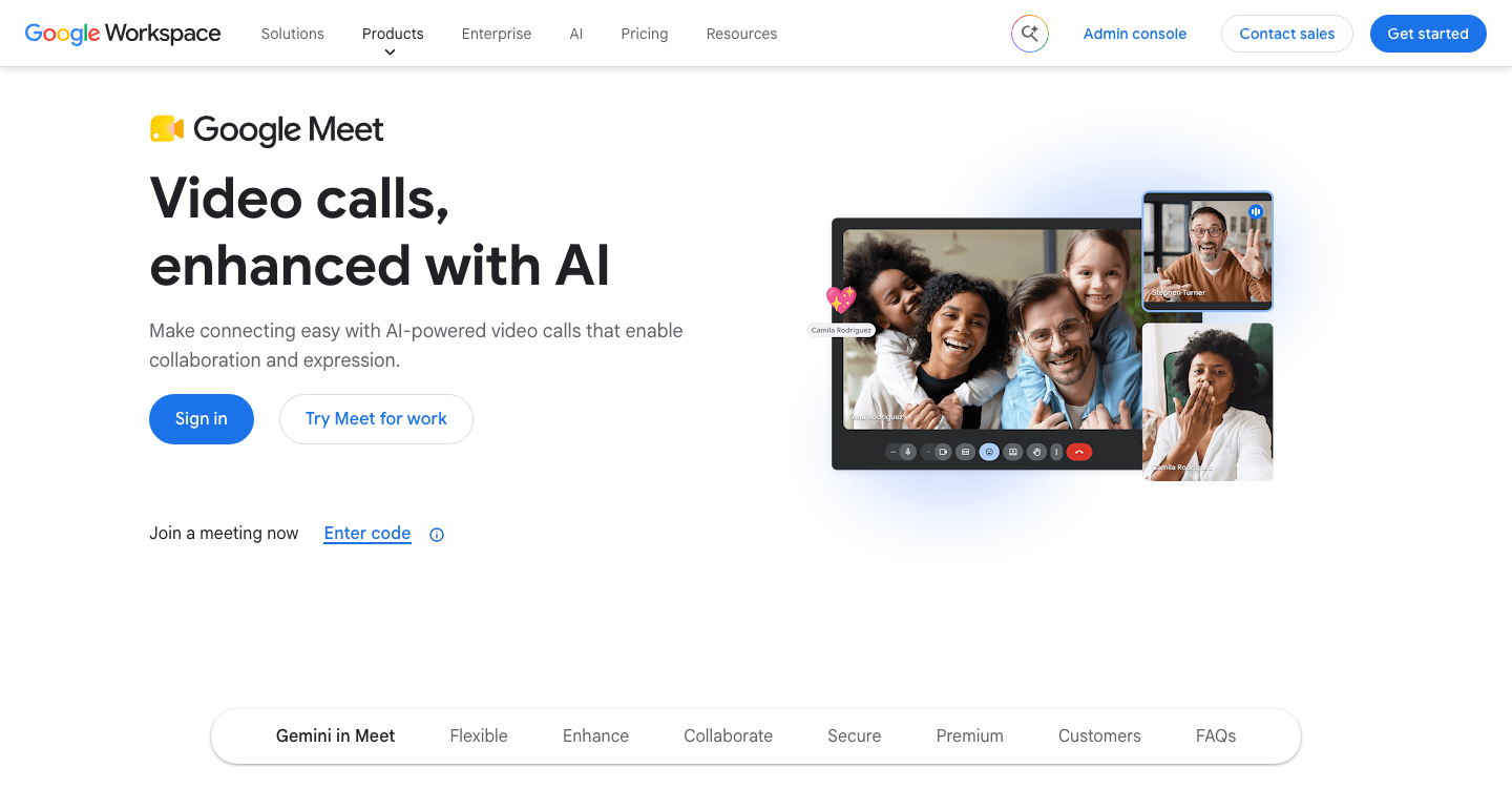 Google Meet's official English product page showing browser-based video calls