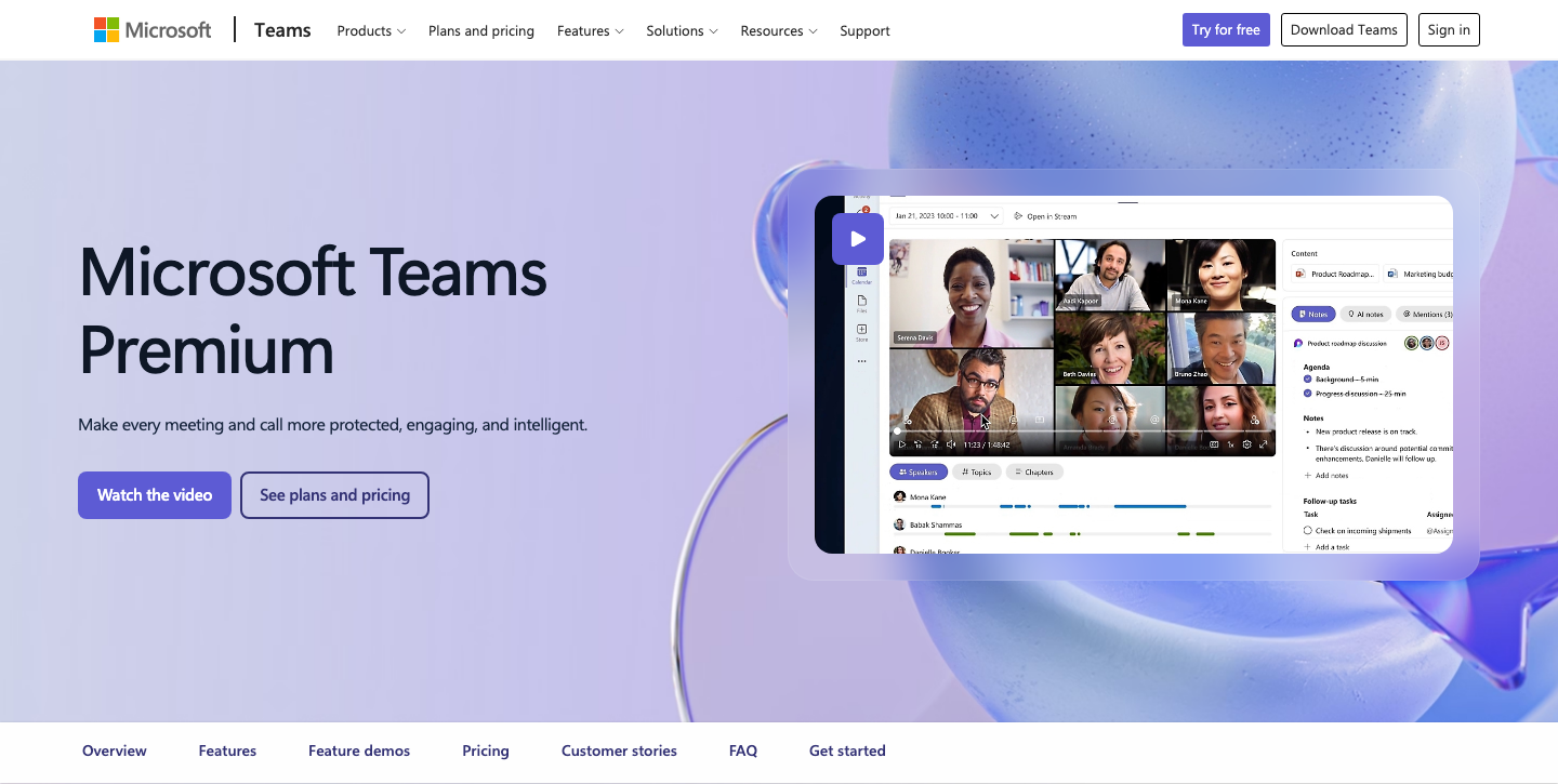 Microsoft Teams Premium's official product page with its meeting overview