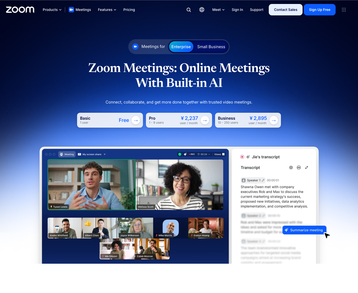 Zoom Meetings' official English product page with a meeting and transcript overview