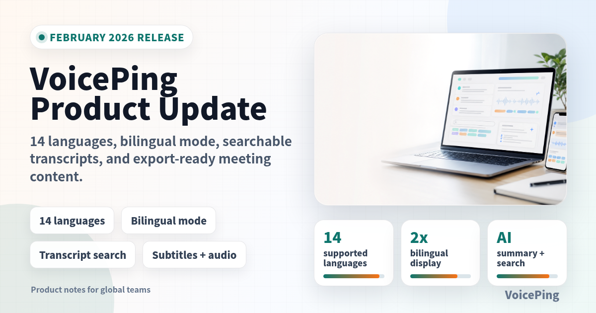 VoicePing Product Update — February 2026: 14 Languages, Bilingual Mode, and Searchable Transcripts