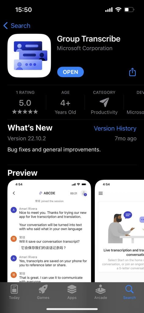 Microsoft Group Transcribe app