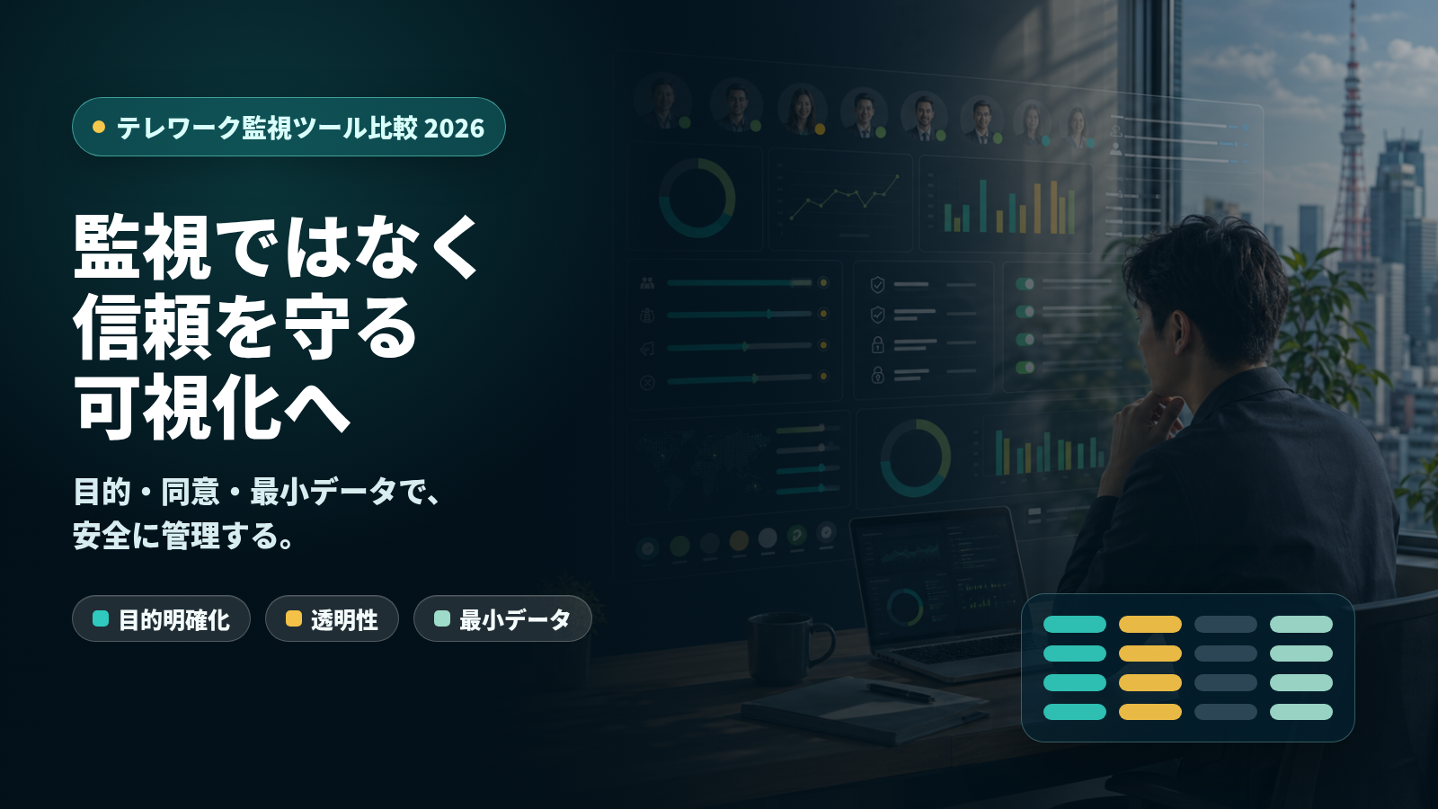 テレワーク監視ツール比較 2026:信頼を壊さない選び方
