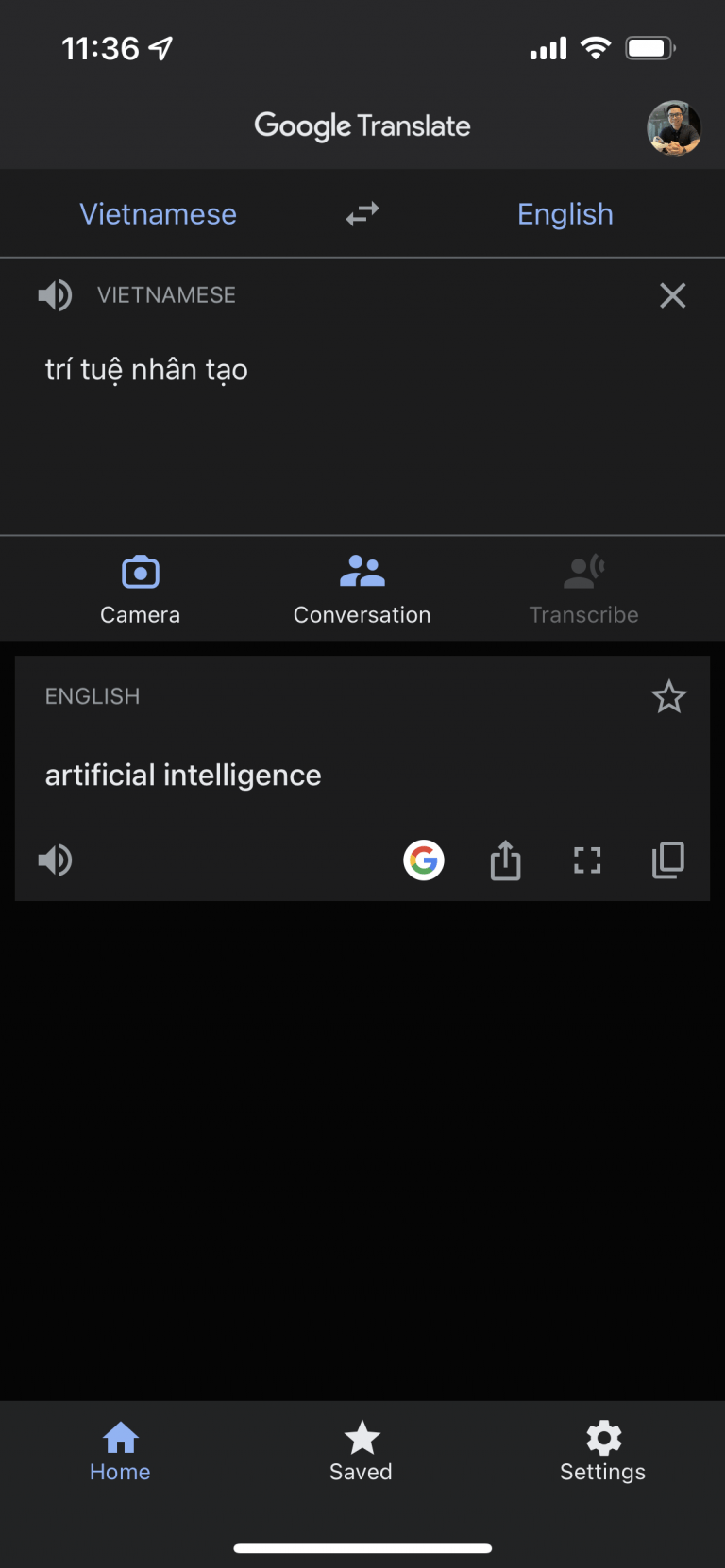 Màn hình chính của app Google Dịch