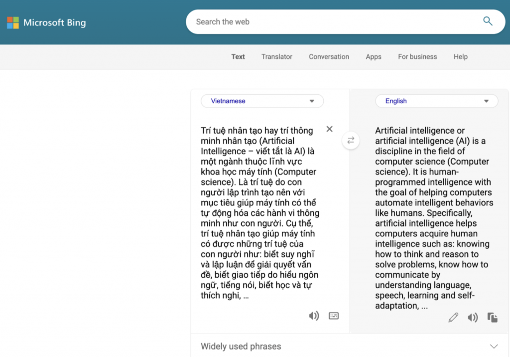 Giao diện chính của Microsoft Bing Translator