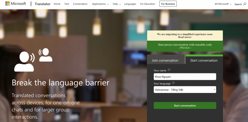 Giao diện chính của chức năng dịch hội thoại trực tuyến “Conversation”