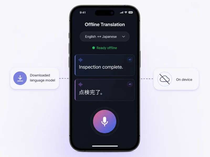 VoicePing Offline Translation running English-to-Japanese on a phone without an internet connection