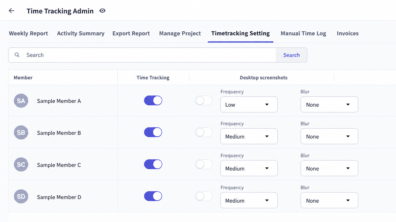 VoicePing Time Tracking Admin settings showing anonymized sample members and desktop screenshot controls
