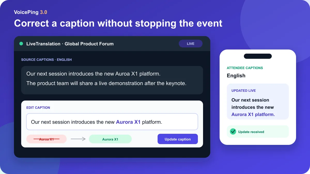 Correct live captions during the event