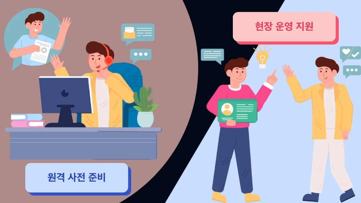 원격 사전 준비와 현장 운영 지원을 나란히 보여 주는 안내 일러스트
