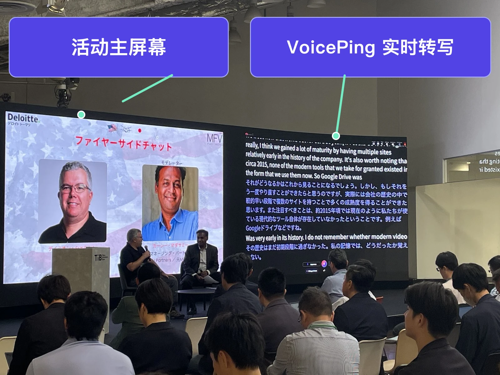 两位嘉宾进行炉边对谈，旁边的屏幕分别显示活动主画面和带日语翻译的英语实时转写