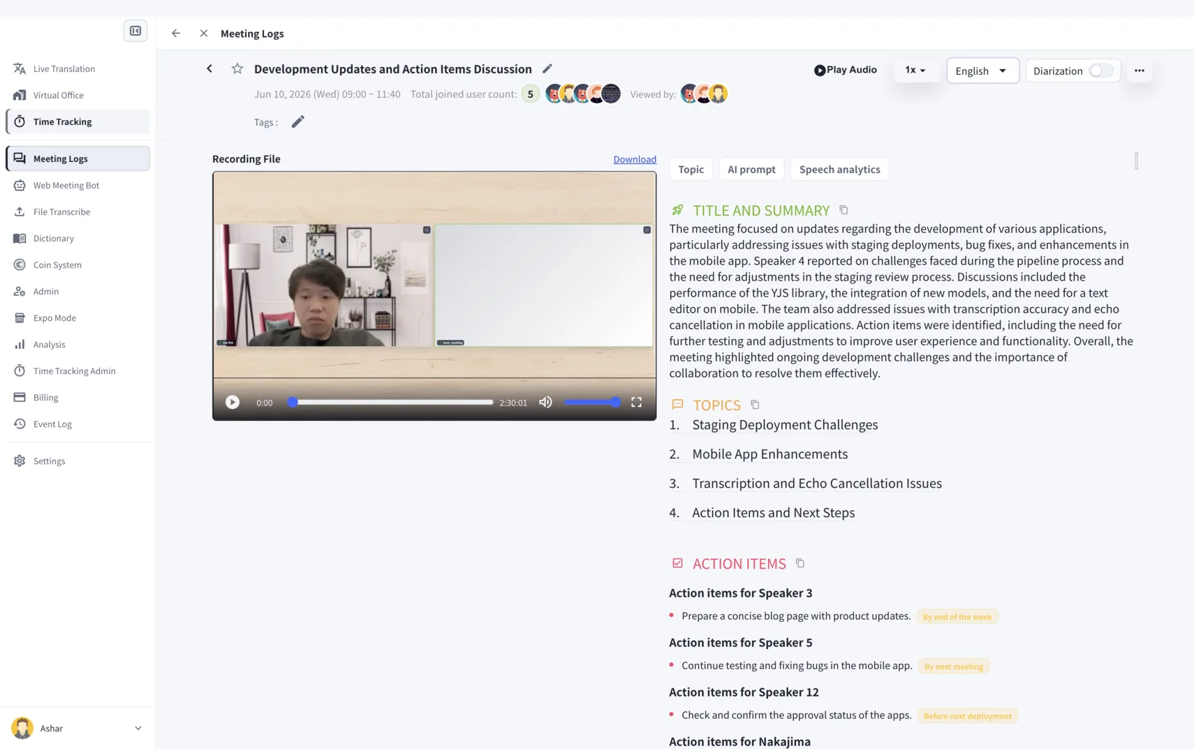 Actual VoicePing Meeting Logs interface with a source recording, AI summary, topics, and action items