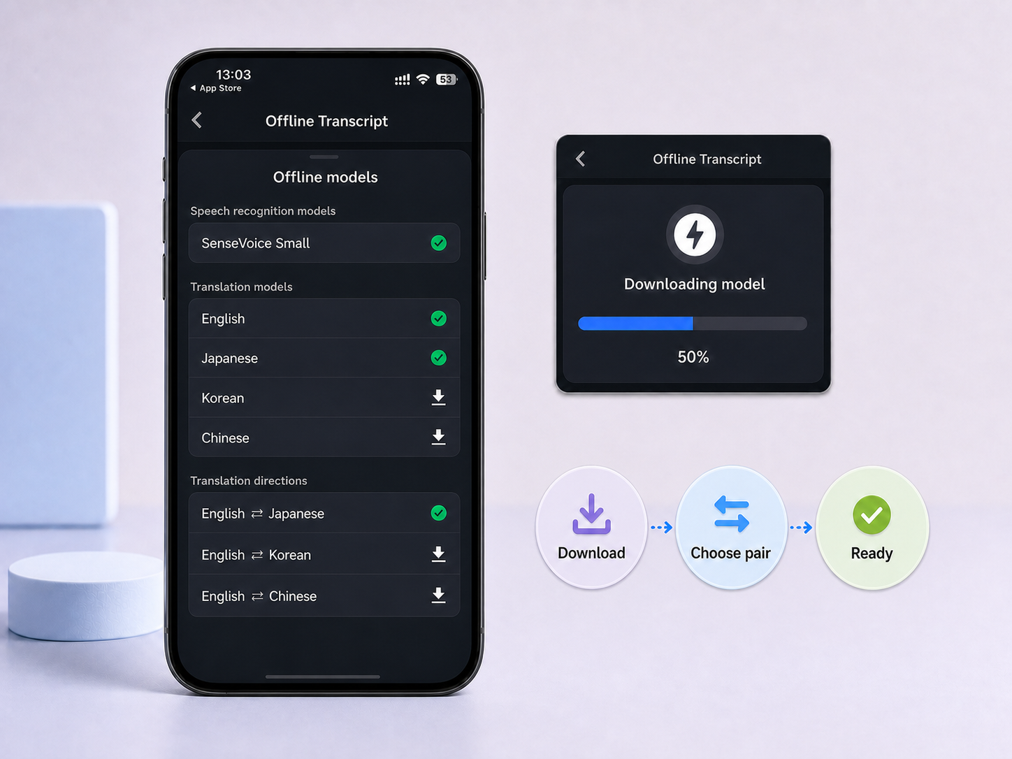 VoicePing showing an offline model downloading at 50 percent beside the steps Download, Choose pair, and Ready